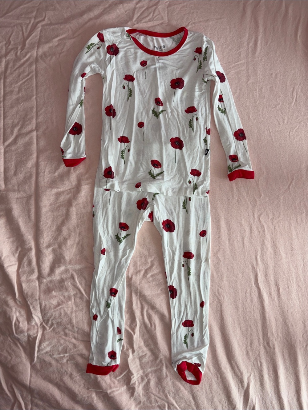 Kyte BABY White Poppy Print Kids Pajama Set with Red Trim